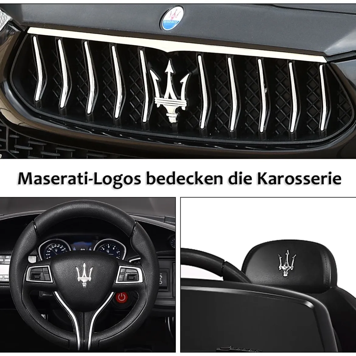 12V Maserati Kinderauto mit 2,4G-Fernbedienung & Musik & LED für Kinder ab 3 Jahren Schwarz