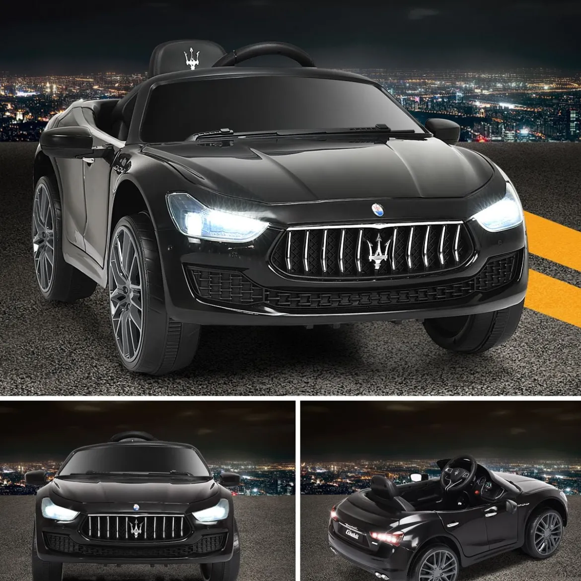12V Maserati Kinderauto mit 2,4G-Fernbedienung & Musik & LED für Kinder ab 3 Jahren Schwarz