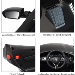 12V Maserati Kinderauto mit 2,4G-Fernbedienung & Musik & LED für Kinder ab 3 Jahren Schwarz