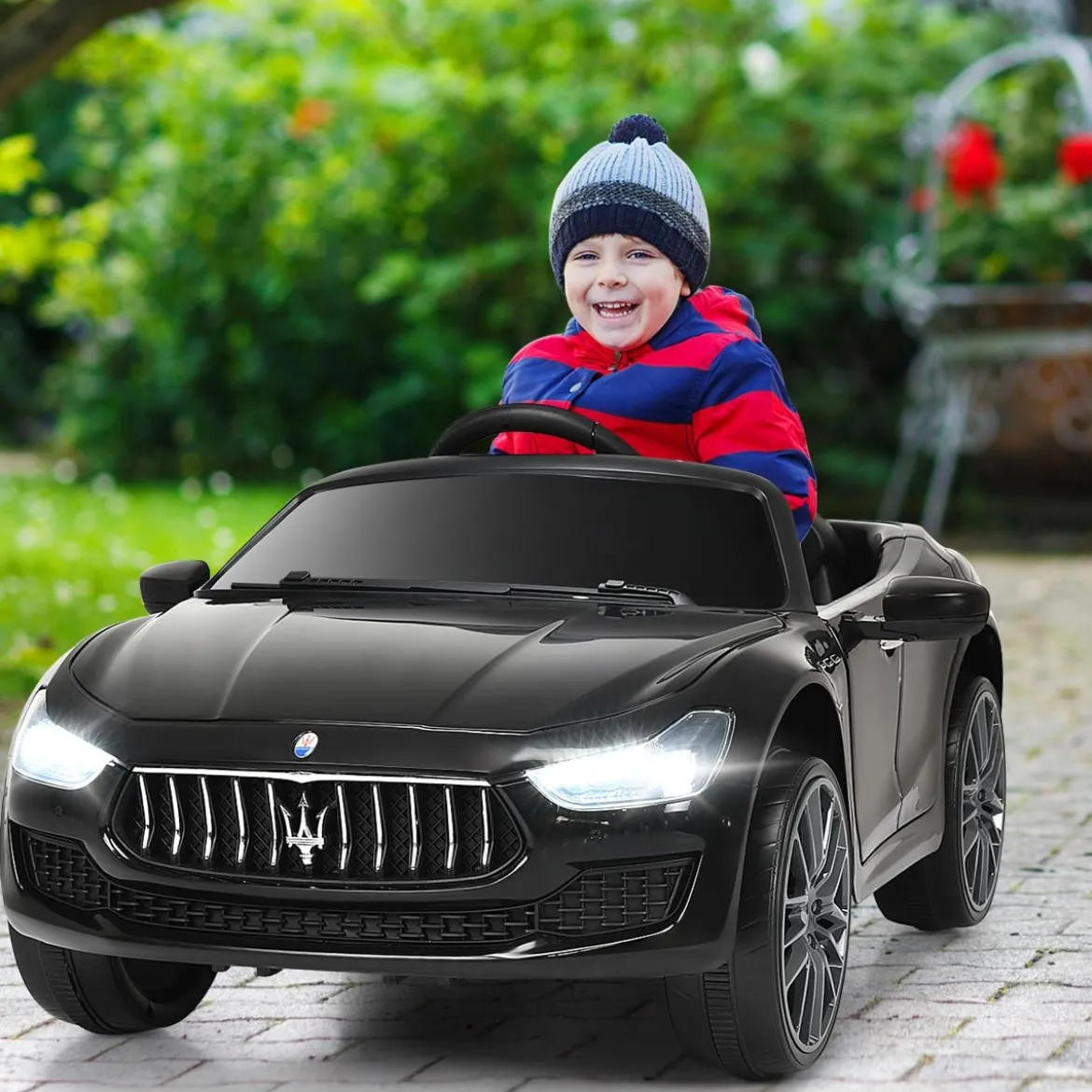 12V Maserati Kinderauto mit 2,4G-Fernbedienung & Musik & LED für Kinder ab 3 Jahren Schwarz