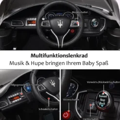 12V Maserati Kinderauto mit 2,4G-Fernbedienung & Musik & LED für Kinder ab 3 Jahren Schwarz