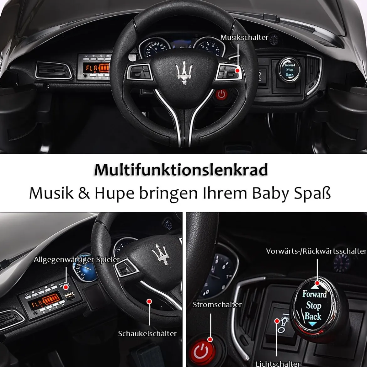 12V Maserati Kinderauto mit 2,4G-Fernbedienung & Musik & LED für Kinder ab 3 Jahren Schwarz