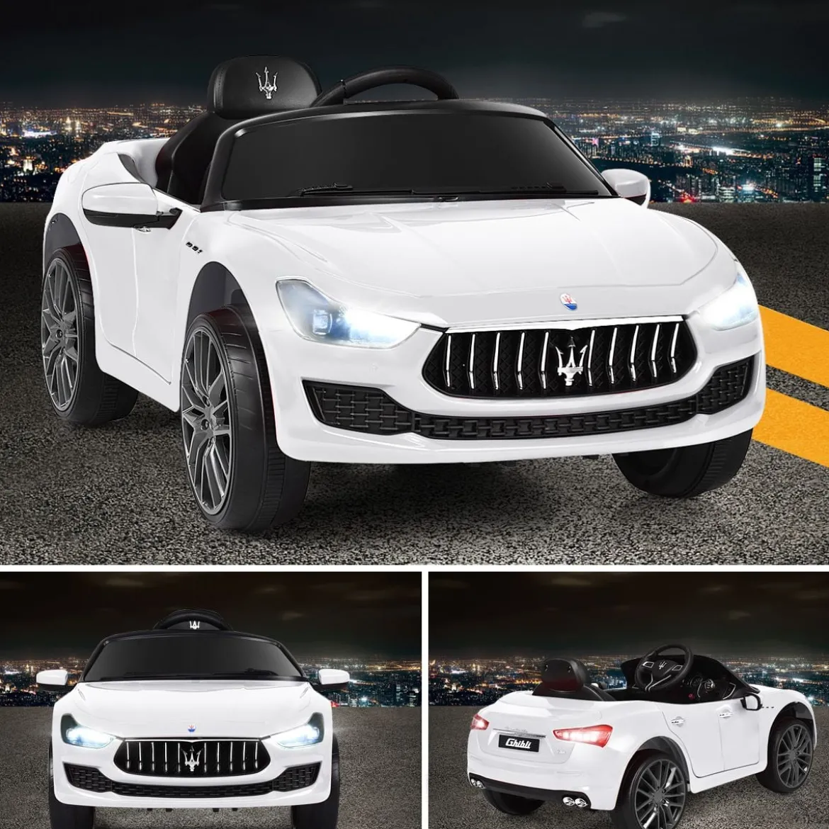 12V Maserati Kinderauto mit 2,4G-Fernbedienung & Musik & LED für Kinder ab 3 Jahren Weiß