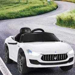 12V Maserati Kinderauto mit 2,4G-Fernbedienung & Musik & LED für Kinder ab 3 Jahren Weiß