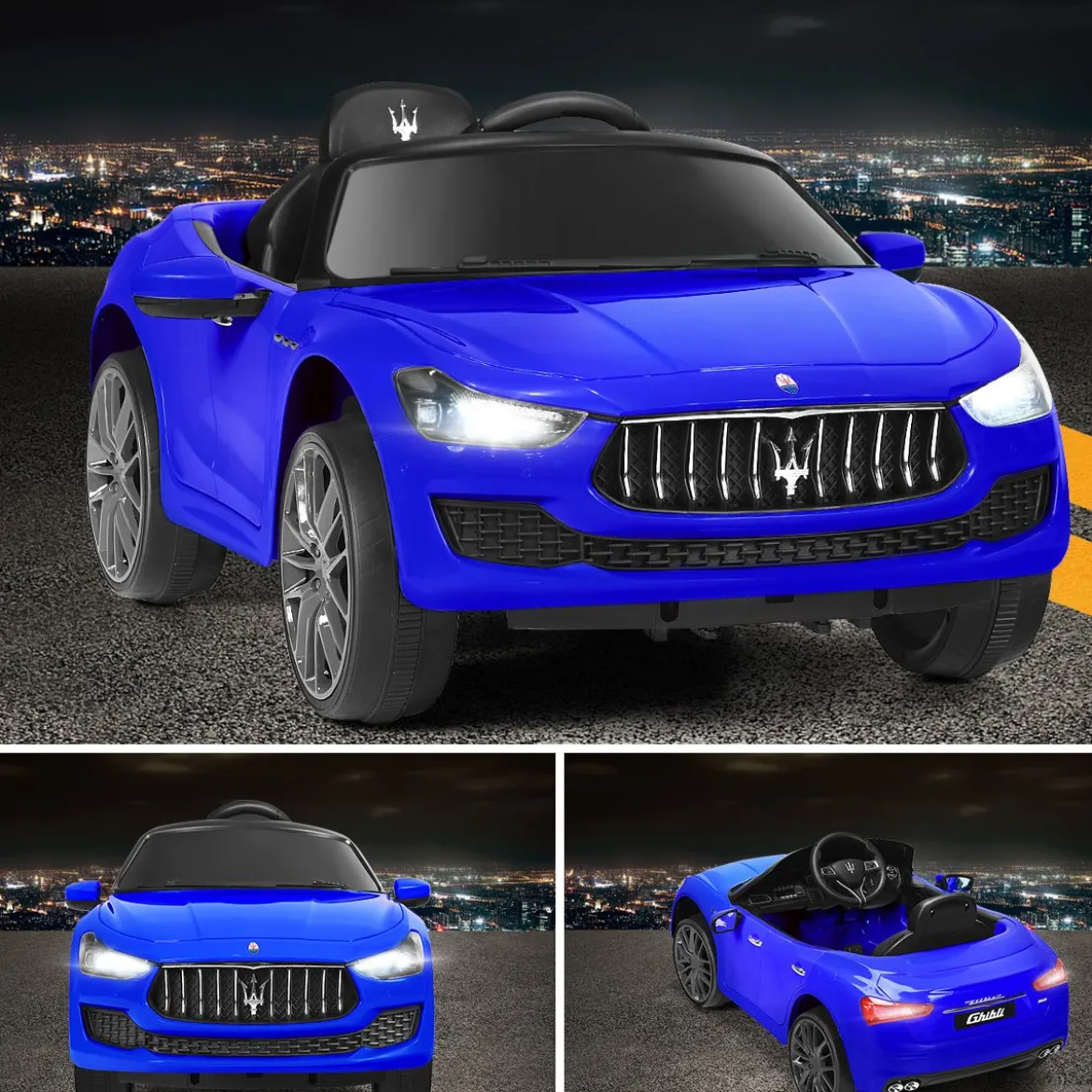 12V Maserati Kinderauto mit 2,4G-Fernbedienung & Musik & LED für Kinder ab 3 Jahren Blau