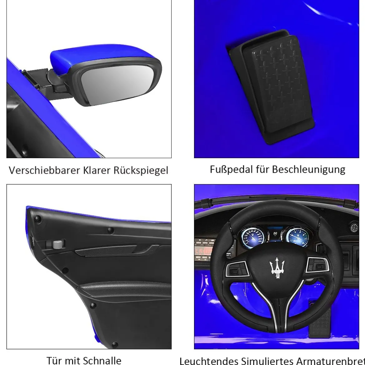 12V Maserati Kinderauto mit 2,4G-Fernbedienung & Musik & LED für Kinder ab 3 Jahren Blau