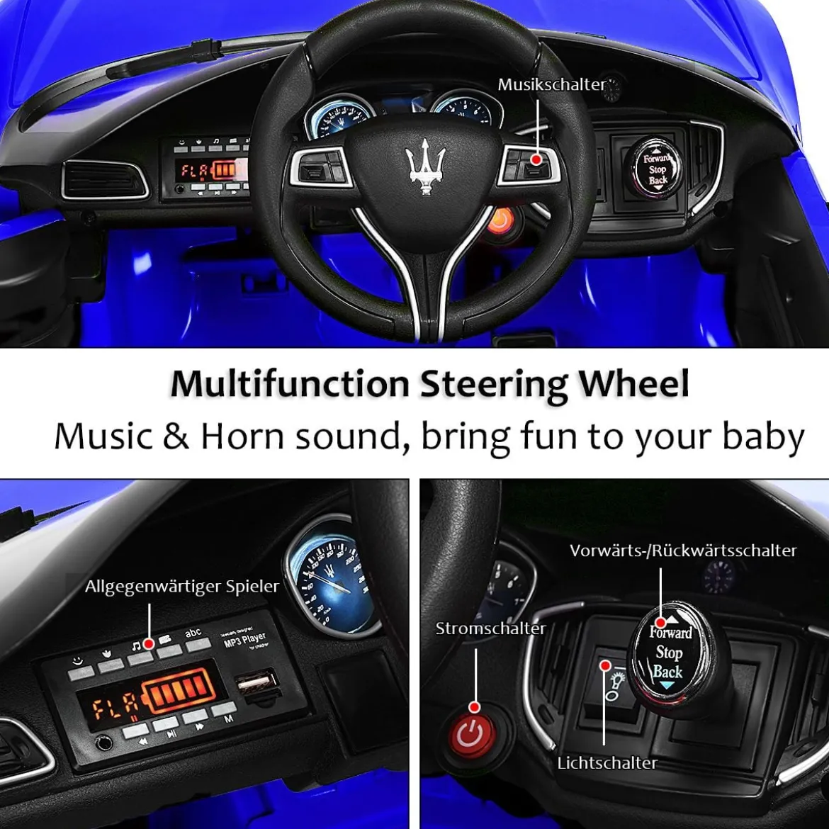 12V Maserati Kinderauto mit 2,4G-Fernbedienung & Musik & LED für Kinder ab 3 Jahren Blau