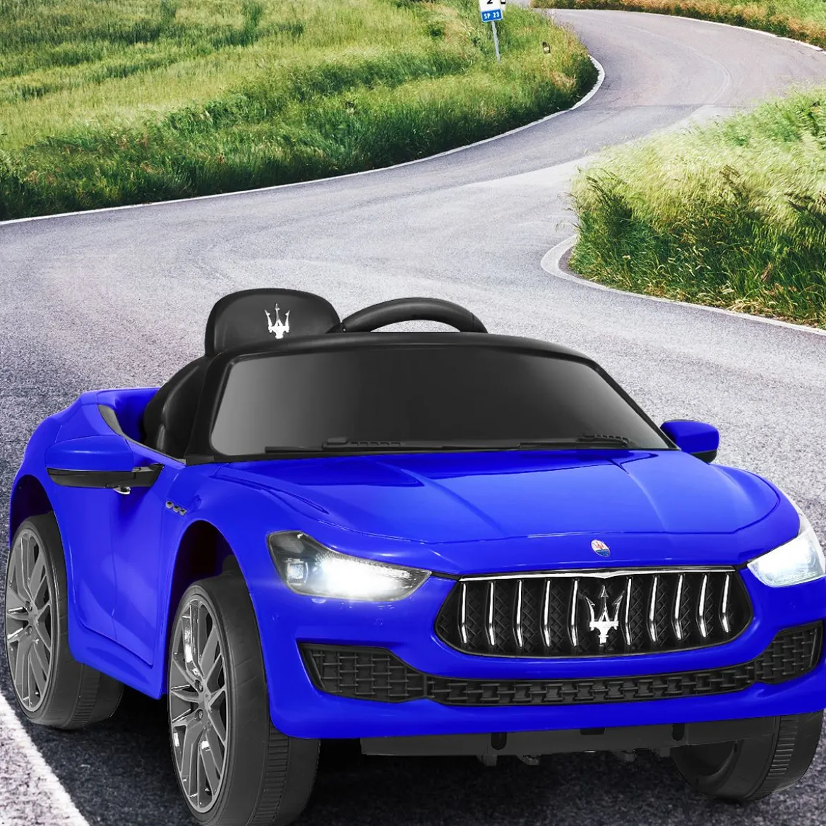 12V Maserati Kinderauto mit 2,4G-Fernbedienung & Musik & LED für Kinder ab 3 Jahren Blau
