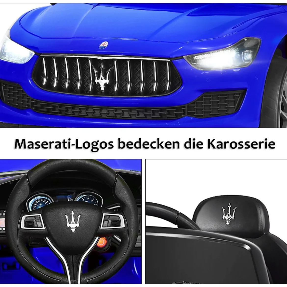 12V Maserati Kinderauto mit 2,4G-Fernbedienung & Musik & LED für Kinder ab 3 Jahren Blau