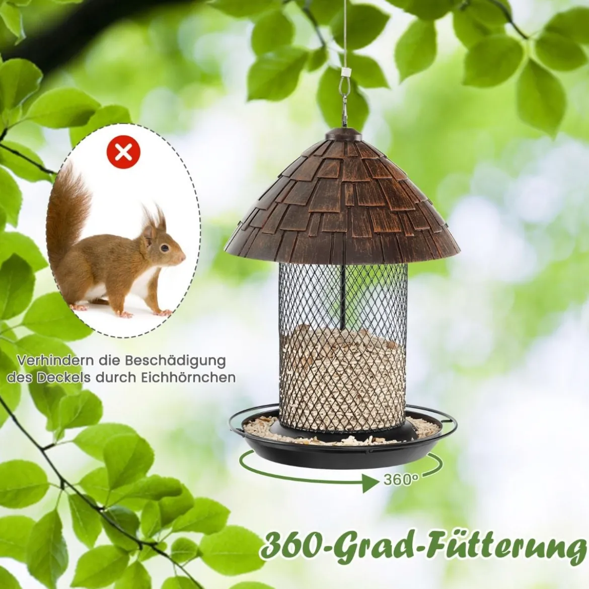 Vogelfutterhaus zum Aufhängen Vogelfutterspender aus Metall 20 x 28 cm Braun