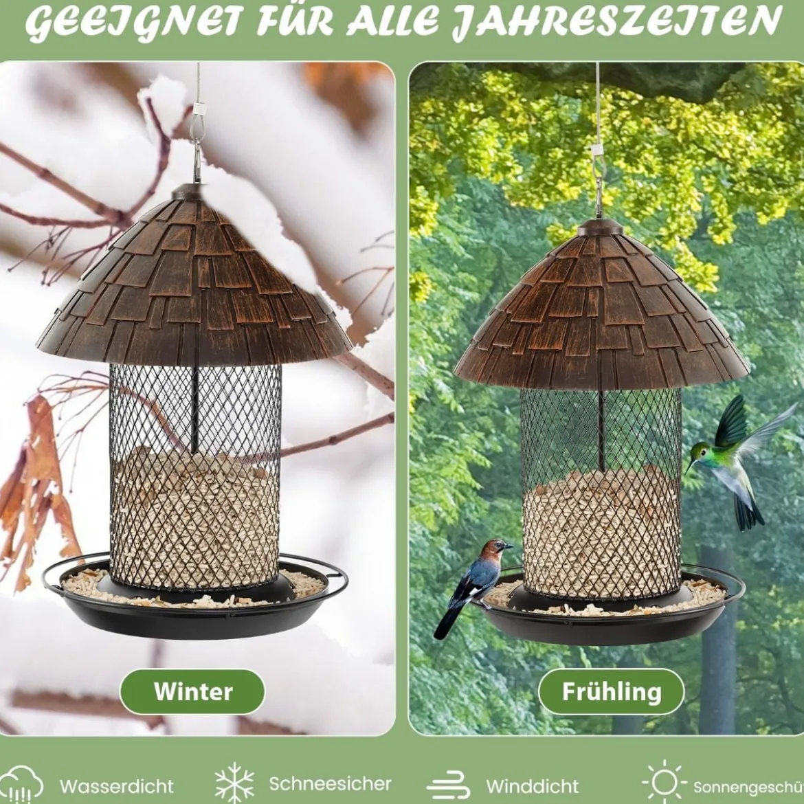 Vogelfutterhaus zum Aufhängen Vogelfutterspender aus Metall 20 x 28 cm Braun