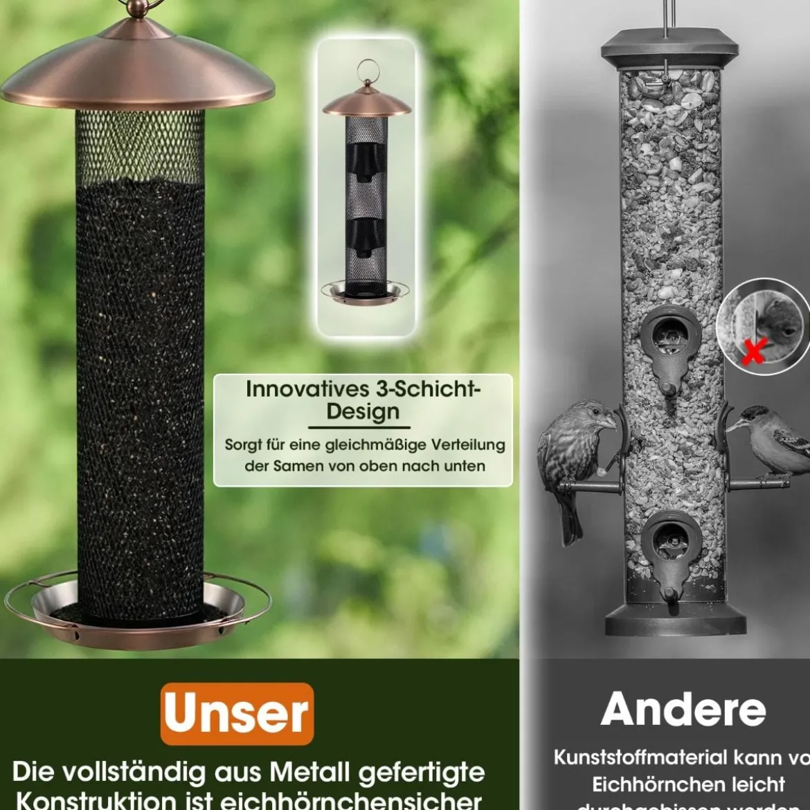 Vogelfutterspender eichhörnchensicher große Kapazität 16 kg wetterfestes Dach & Saatgutablage Schwarz