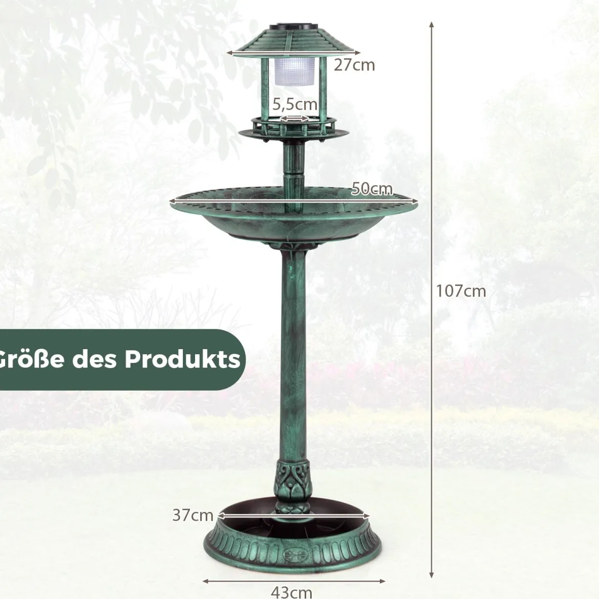 Vogeltränke mit Solarleuchte & Blumentopf Vogelfutterhaus Vogelfutterstation Futterspender Grün