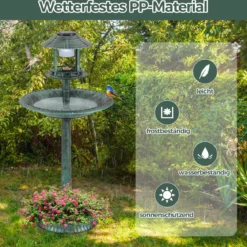 Vogeltränke mit Solarleuchte & Blumentopf Vogelfutterhaus Vogelfutterstation Futterspender Grün