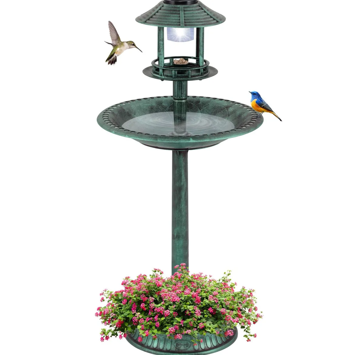 Vogeltränke mit Solarleuchte & Blumentopf Vogelfutterhaus Vogelfutterstation Futterspender Grün