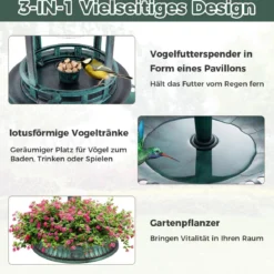 Vogeltränke mit Solarleuchte & Blumentopf Vogelfutterhaus Vogelfutterstation Futterspender Grün