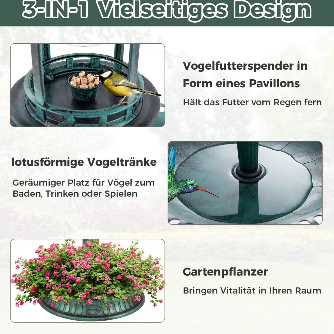 Vogeltränke mit Solarleuchte & Blumentopf Vogelfutterhaus Vogelfutterstation Futterspender Grün
