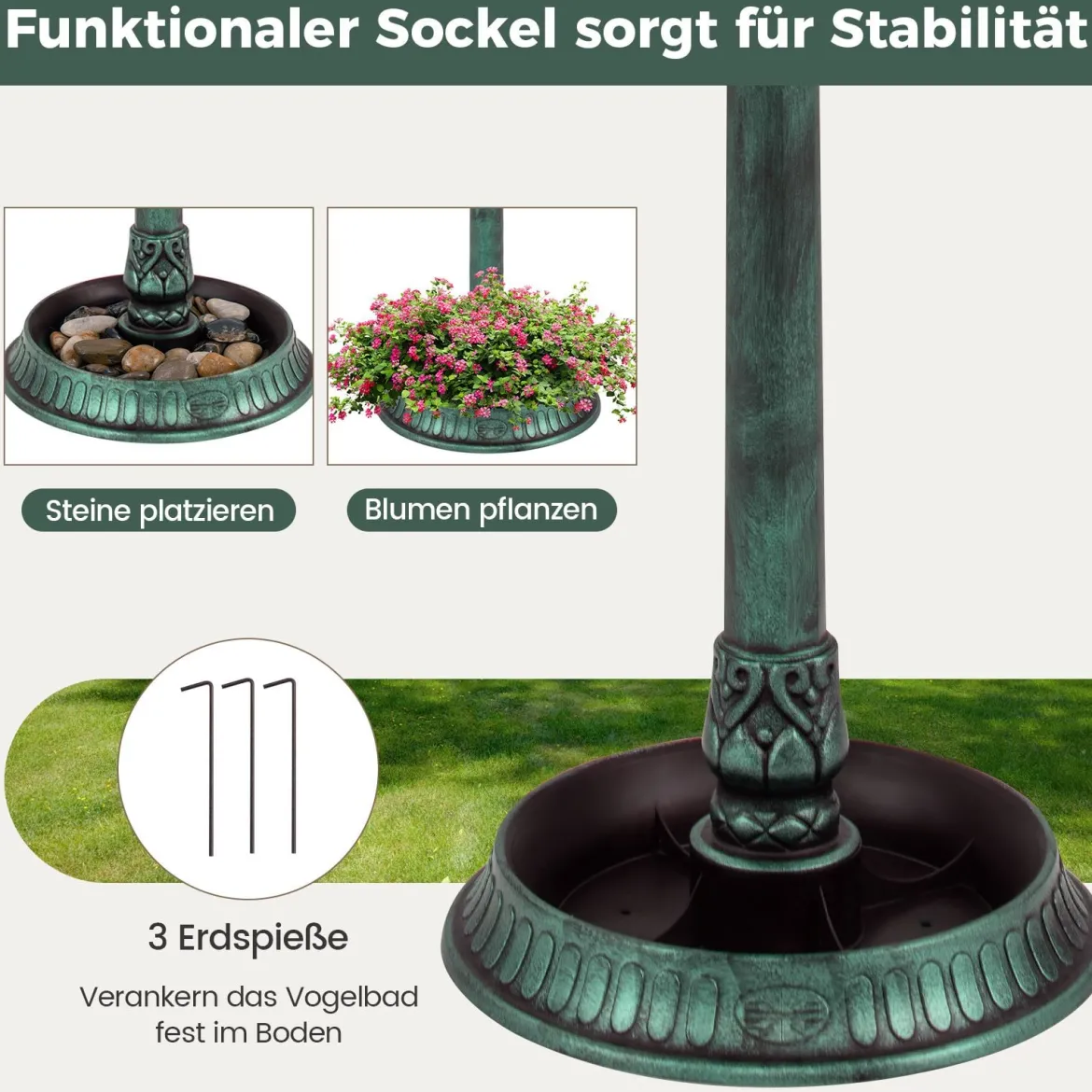 Vogeltränke mit Solarleuchte & Blumentopf Vogelfutterhaus Vogelfutterstation Futterspender Grün