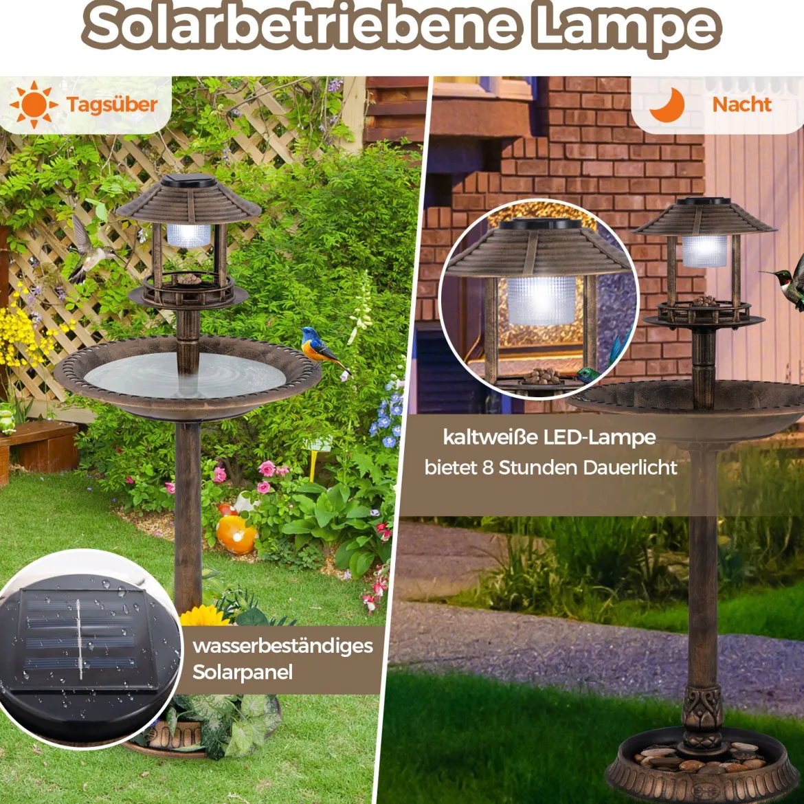 Vogeltränke mit Solarleuchte & Blumentopf Vogelfutterhaus Vogelfutterstation Futterspender Bronze