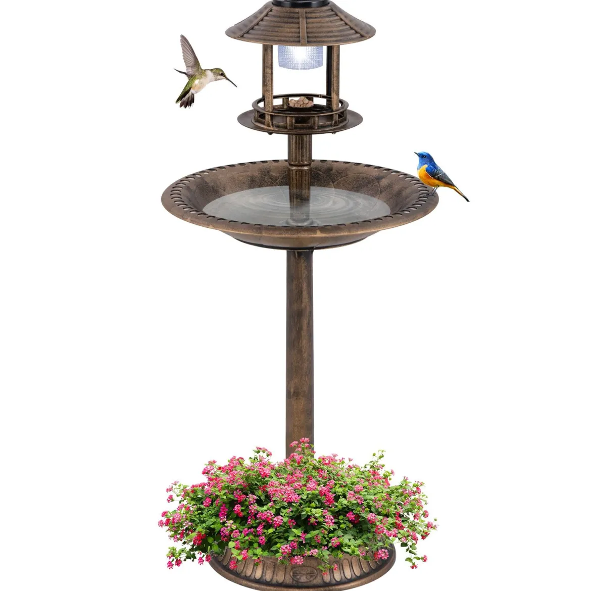 Vogeltränke mit Solarleuchte & Blumentopf Vogelfutterhaus Vogelfutterstation Futterspender Bronze