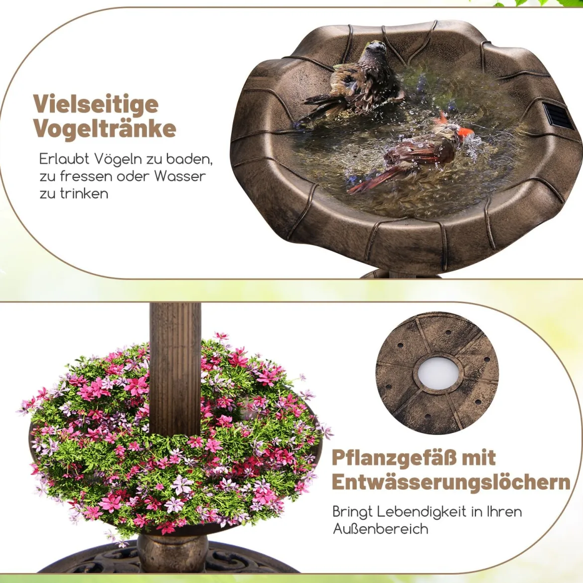 Vogeltränke mit Solarleuchte Blumentopf Vogelfutterhaus & Ständer Vogelfutterstation Retro Ø43 x 76cm Bronze