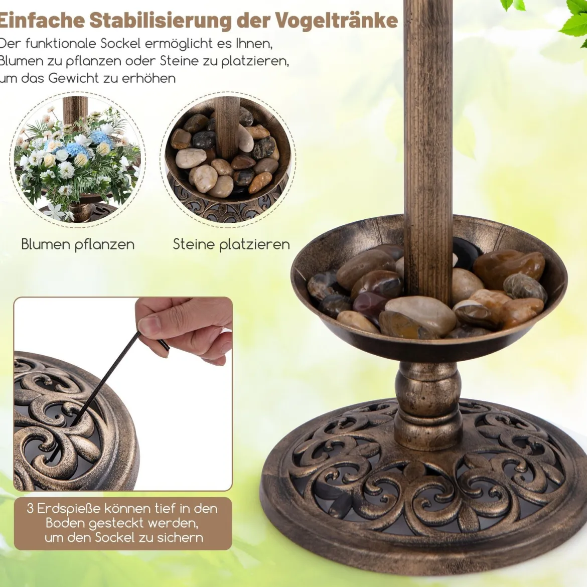 Vogeltränke mit Solarleuchte Blumentopf Vogelfutterhaus & Ständer Vogelfutterstation Retro Ø43 x 76cm Bronze