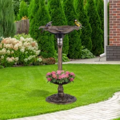 Vogeltränke mit Solarleuchte Blumentopf Vogelfutterhaus & Ständer Vogelfutterstation Retro Ø43 x 76cm Bronze