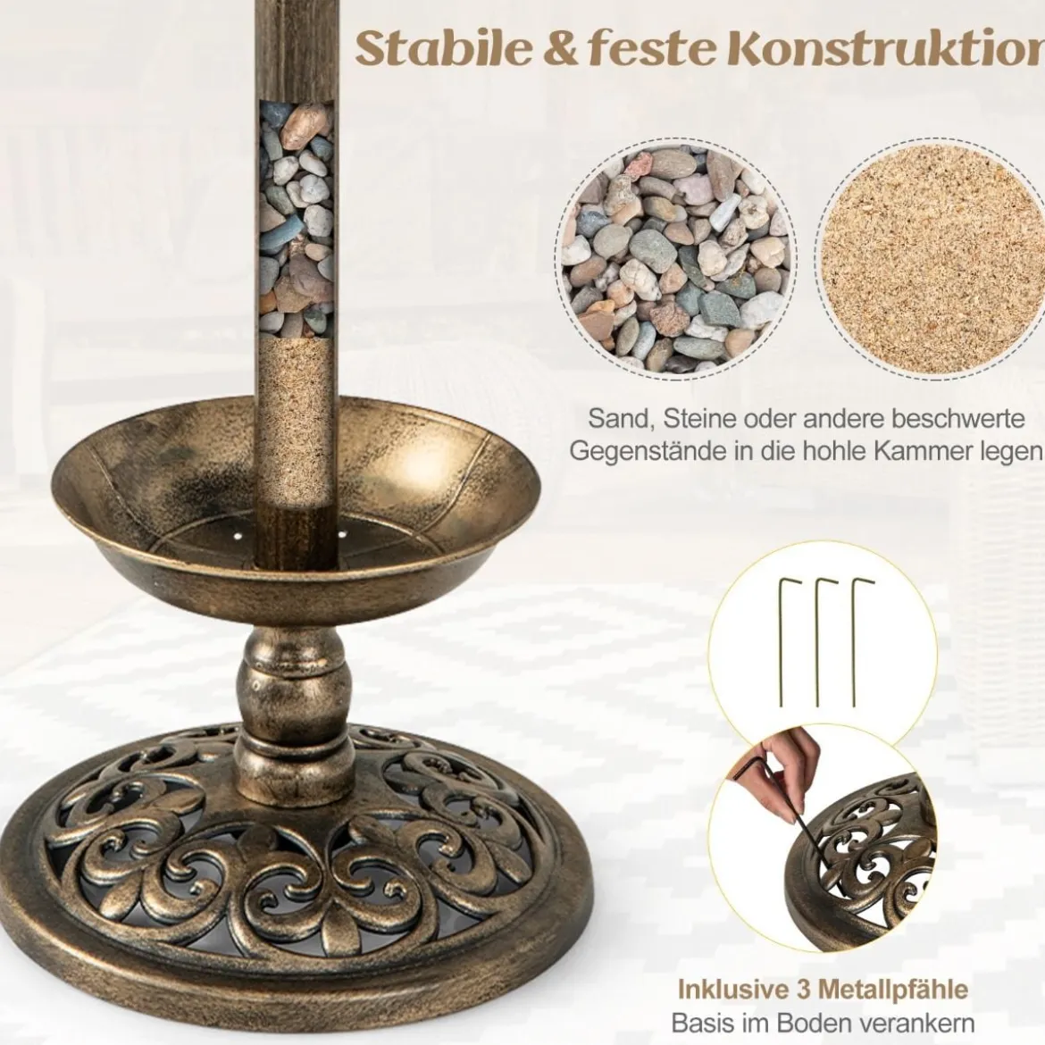 Vogeltränke mit Solarleuchte Blumentopf Vogelfutterhaus Ø43 x 110 cm Bronze
