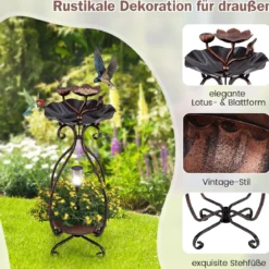 Vogeltränke mit Solarleuchte Vogelbad Futterspender Blumentopf mit dekorativen Lotus & Blättern Bronze