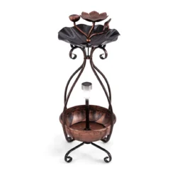 Vogeltränke mit Solarleuchte Vogelbad Futterspender Blumentopf mit dekorativen Lotus & Blättern Bronze