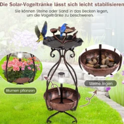 Vogeltränke mit Solarleuchte Vogelbad Futterspender Blumentopf mit dekorativen Lotus & Blättern Bronze