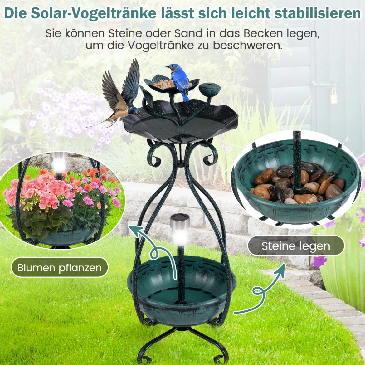 Vogeltränke mit Solarleuchte Vogelbad Futterspender Blumentopf mit dekorativen Lotus & Blättern Grün