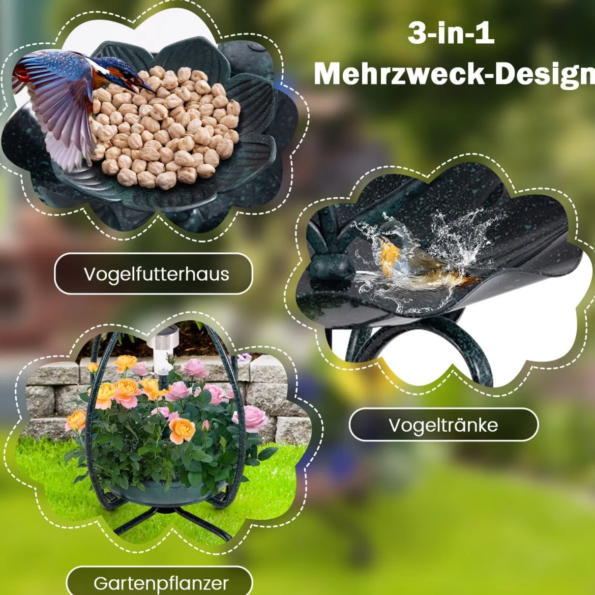Vogeltränke mit Solarleuchte Vogelbad Futterspender Blumentopf mit dekorativen Lotus & Blättern Grün