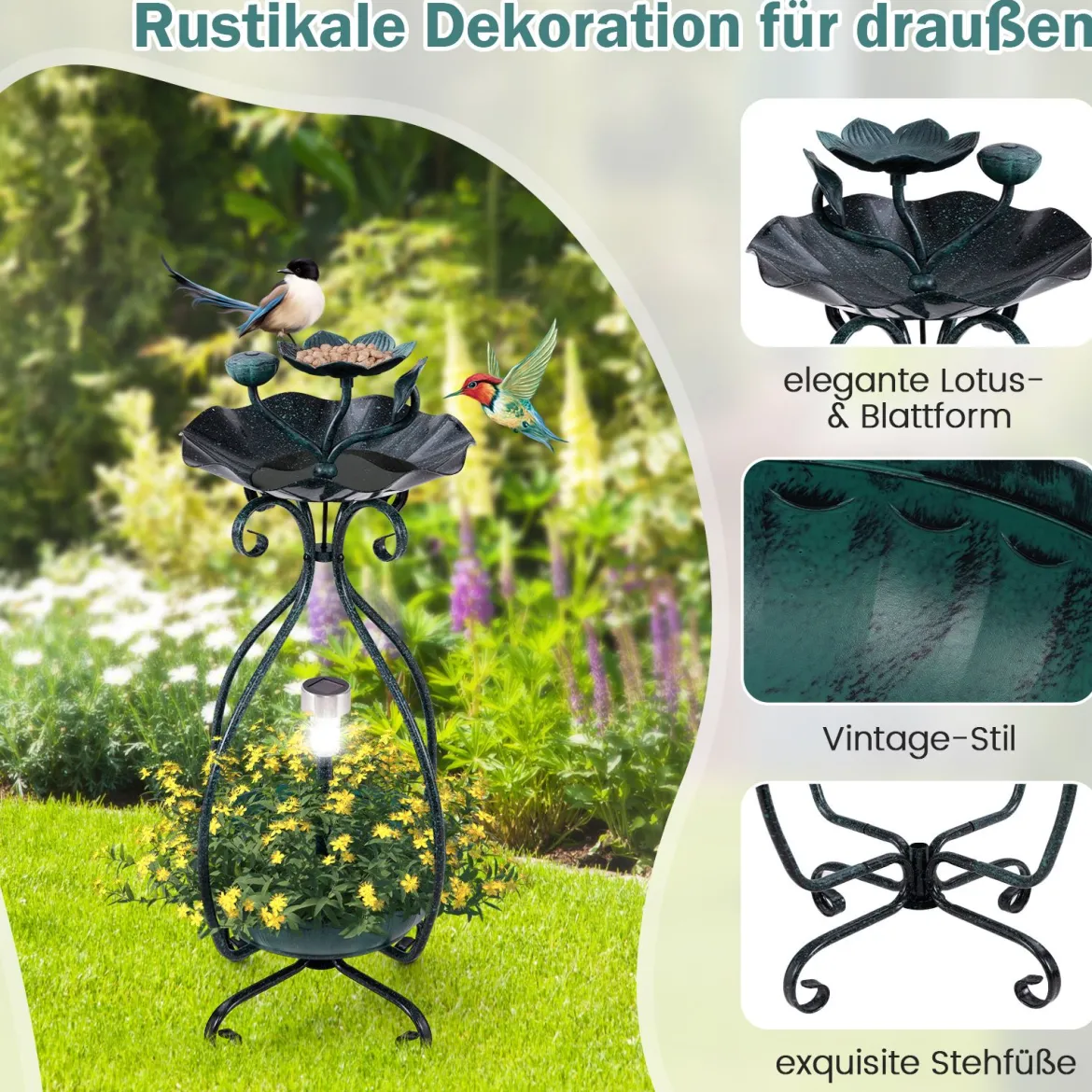 Vogeltränke mit Solarleuchte Vogelbad Futterspender Blumentopf mit dekorativen Lotus & Blättern Grün