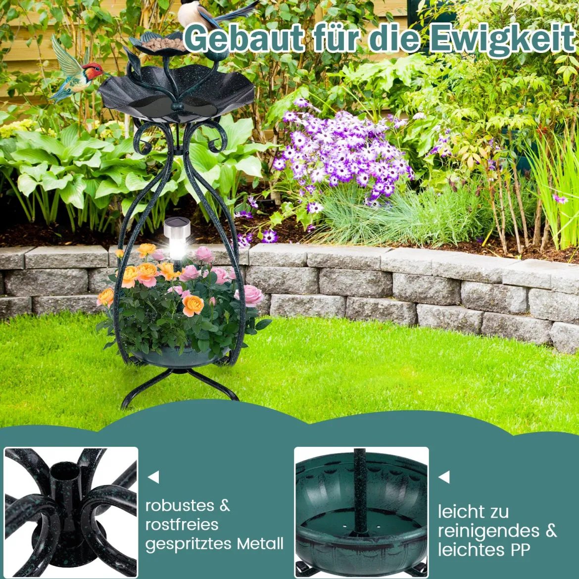 Vogeltränke mit Solarleuchte Vogelbad Futterspender Blumentopf mit dekorativen Lotus & Blättern Grün
