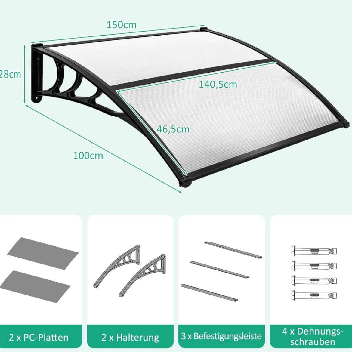 Vordach für Haustür 150 x 100 cm Überdachung aus Aluminium und Polycarbonat 150 x 100 x 28 cm Grau