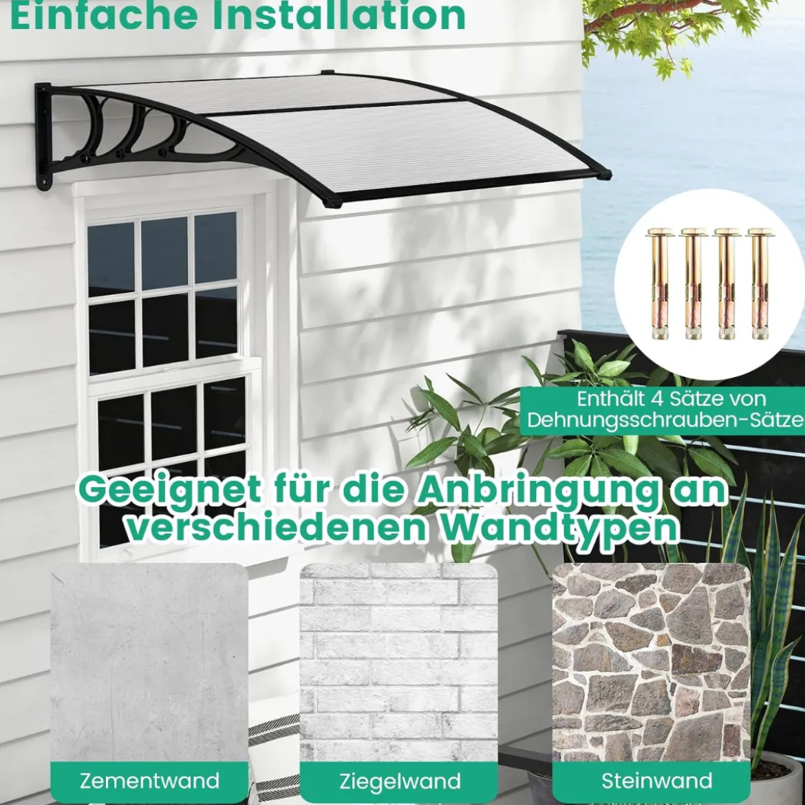 Vordach für Haustür 150 x 100 cm Überdachung aus Aluminium und Polycarbonat 150 x 100 x 28 cm Grau