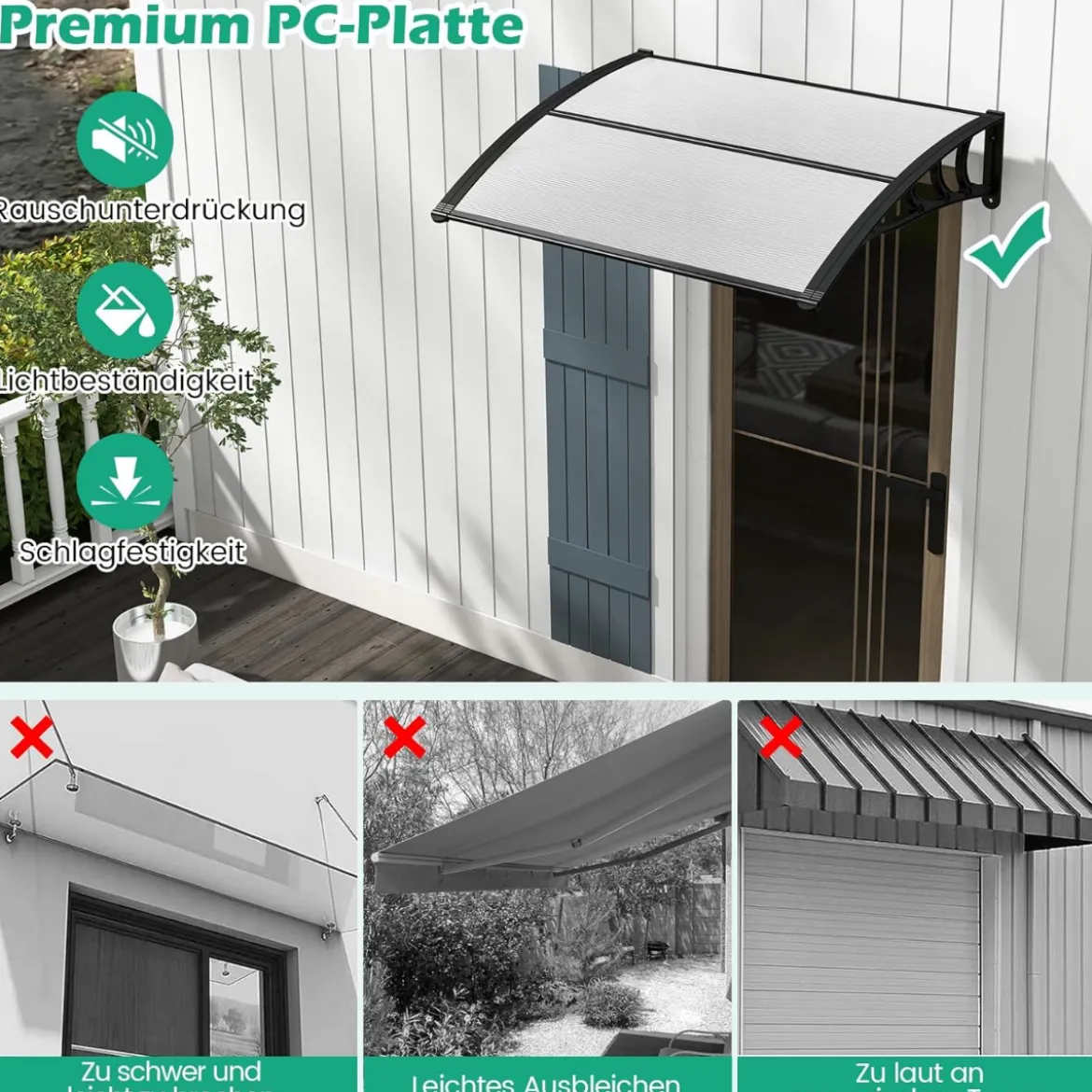 Vordach für Haustür 150 x 100 cm Überdachung aus Aluminium und Polycarbonat 150 x 100 x 28 cm Grau