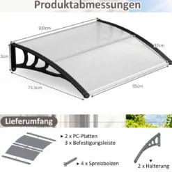 Vordach für Haustür 100 x 76 cm Transparentes Pultbogenvordach aus Polycarbonat & Aluminium Schwarz/Braun