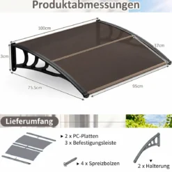 Vordach für Haustür 100 x 76 cm Transparentes Pultbogenvordach aus Polycarbonat & Aluminium Schwarz/Braun