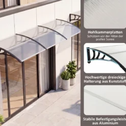 Vordach für Haustür 100 x 76 cm Transparentes Pultbogenvordach aus Polycarbonat & Aluminium Schwarz/Braun