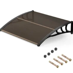 Vordach für Haustür 100 x 76 cm Transparentes Pultbogenvordach aus Polycarbonat & Aluminium Schwarz/Braun