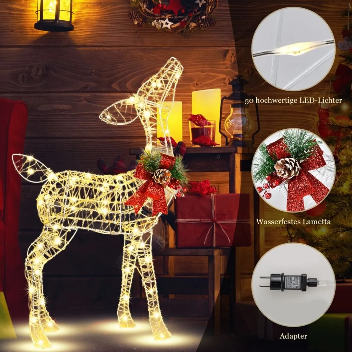 Vorgeleuchtetes Weihnachts-Rentier kleine Garten-Dekoration mit 50 LED-Lichtern & 4 Bodenanker