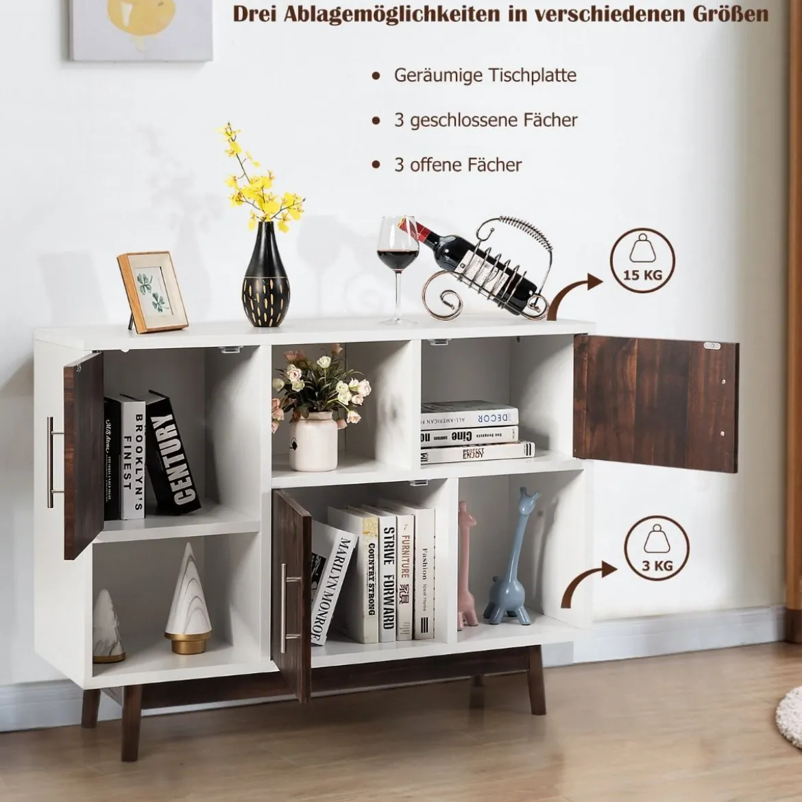 Vorratsschrank Buffetschrank mit 3 Türen 102 x 33 x 76 cm Weiß