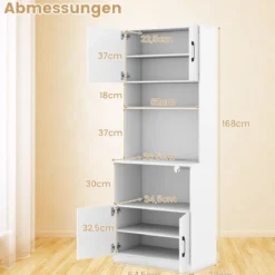 Vorratsschrank mit Steckdosen freistehende schmale Küchenvitrine mit 4 Türen Weiß