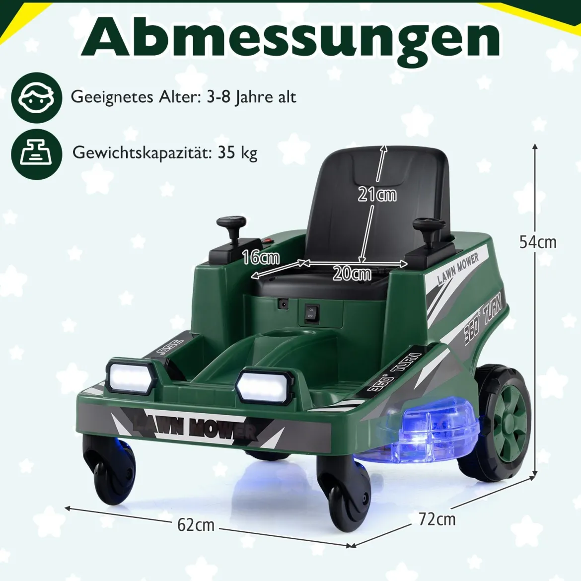 12V Rasenmäher mit Doppelten Steuerhebeln & LED-Lichter & Dreh- und Wende-Funktion Grün