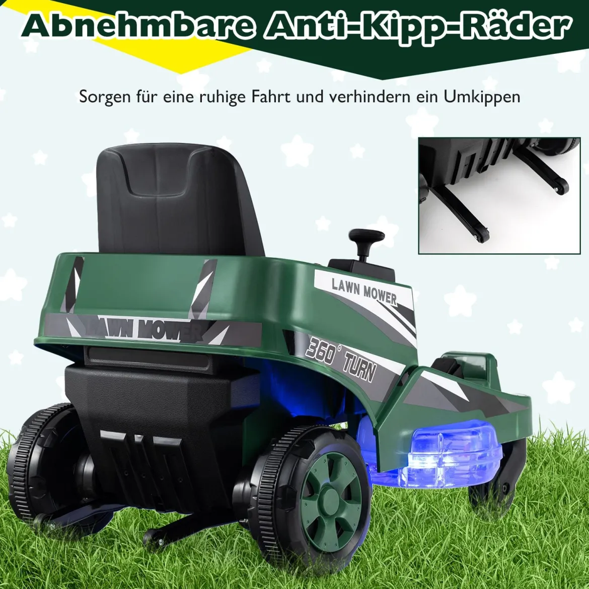 12V Rasenmäher mit Doppelten Steuerhebeln & LED-Lichter & Dreh- und Wende-Funktion Grün