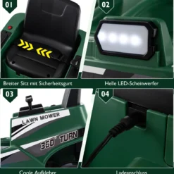 12V Rasenmäher mit Doppelten Steuerhebeln & LED-Lichter & Dreh- und Wende-Funktion Grün
