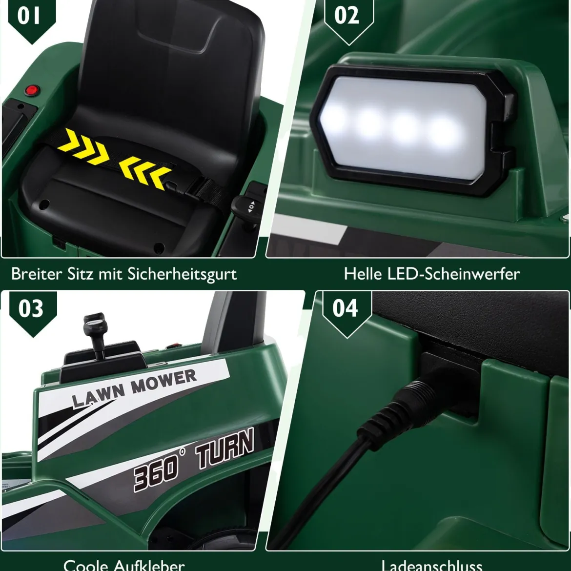 12V Rasenmäher mit Doppelten Steuerhebeln & LED-Lichter & Dreh- und Wende-Funktion Grün