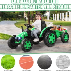 12V Traktor mit 2,4G Fernbedienung & Abnehmbarem Anhänger Aufsitztraktor für Kinder 3-8 J.
